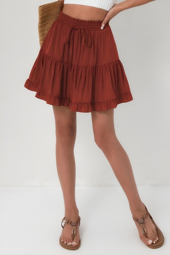 casual slight stretch pure color tie-waist with lined all-match mini skirt