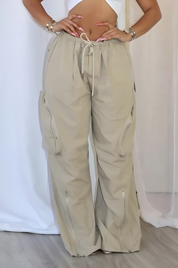 casual plus size non-stretch solid color multi-pocket zip- slit cargo pants