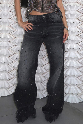 casual non-stretch gradient color denim rhinestone decor jeans