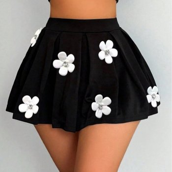 casual slight stretch flower rhinestone decor high-waist mini skirt