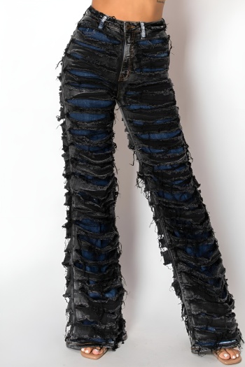grunge style plus size slight stretch double-layer high waist ripper jeans