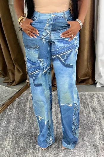 casual plus size slight stretch faux denim printing high waist all-match pants