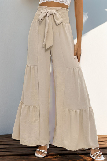 casual non-stretch pure color smocked waist loose bell-bottoms