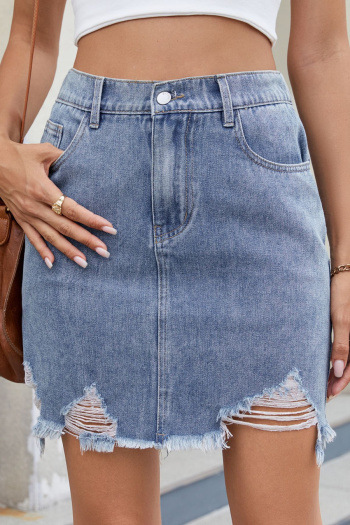 casual plus size non-stretch solid color hole slim fit mini denim skirt