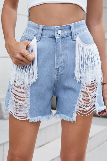 casual plus size non-stretch hole tassel-decor denim shorts