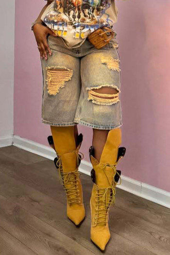 casual plus size non-stretch hole high waist straight denim shorts