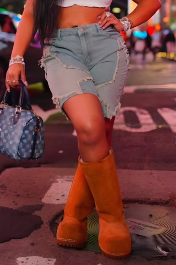 casual plus size non-stretch patchwork high waist straight denim shorts