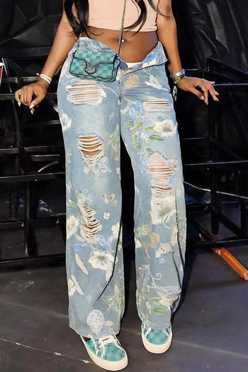 stylish plus size non-stretch floral printed hole decor high waist jeans