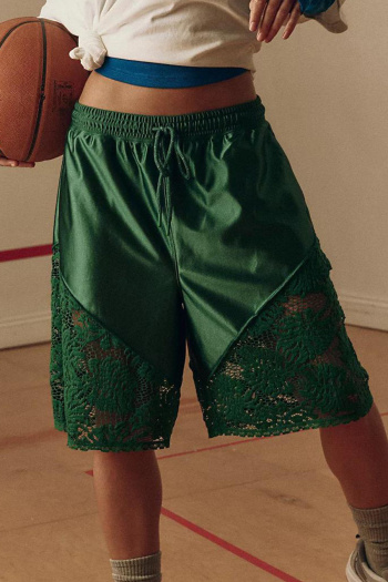 stylish non-stretch new satin lace splicing drawstring shorts