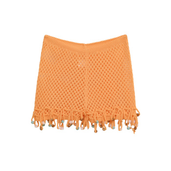 stylish slight stretch solid color knitted beads decor shorts
