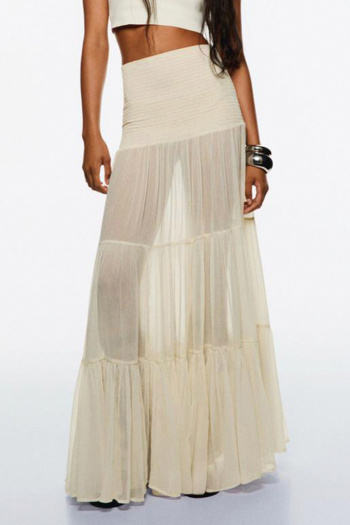 sexy slight stretch see-through chiffon patchwork pleated maxi skirt