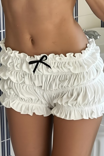casual non-stretch solid color bow decor pleated low-waist shorts