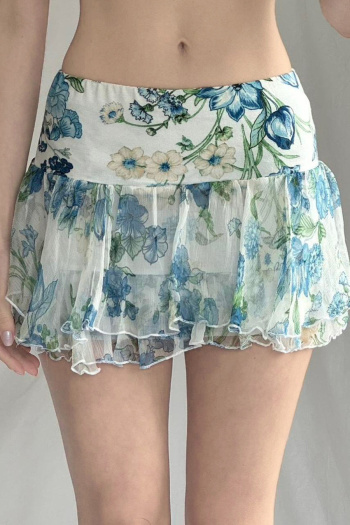 casual slight stretch mid waist floral print mesh mini skirt