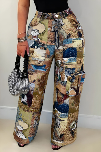 casual plus size non-stretch graphic jacquard all-match straight cargo pants#2#