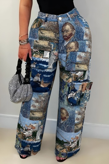 casual plus size non-stretch graphic jacquard all-match straight cargo pants#4#