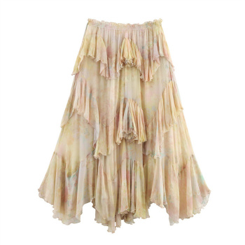 casual slight stretch flower batch printing high-waist shirring maxi skirt