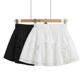 casual non-stretch solid color bow decor high-waist mini skirt(size run small)