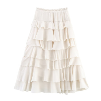 casual non-stretch solid color layered ruffles pleated all-match midi skirt