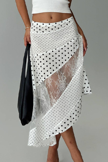 casual slight stretch dot printing stitching lace midi skit