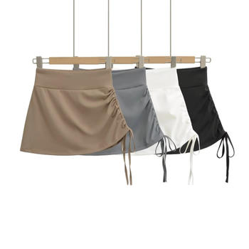 casual slight stretch 3 colors high-waist drawstring mini skirt(size run small)