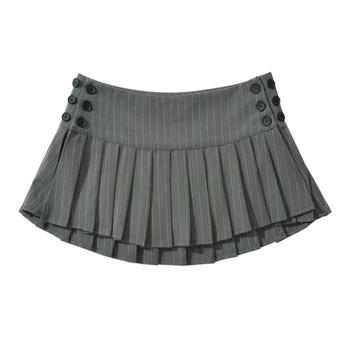 casual non-stretch high-waist button stripe printing mini skirt(size run small)