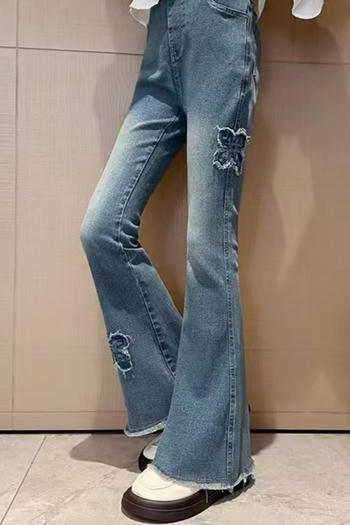 casual slight stretch denim low-waist butterfly raw edges jeans(size run small)