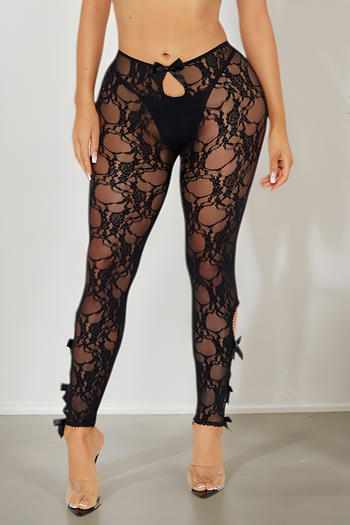 sexy slight stretch see through lace hollow bow leggings(no panty)