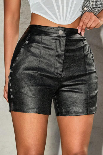 casual non-stretch pu solid color rivet decor high-waist shorts