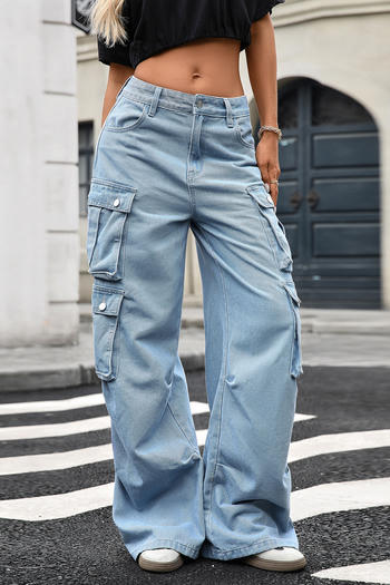 casual plus size non-stretch solid color multi-pocket straight cargo jeans