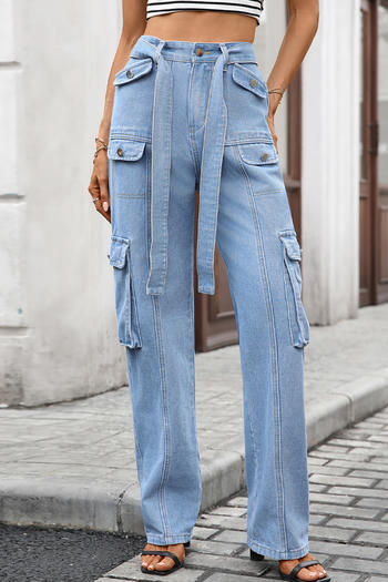casual plus size non-stretch multi-pocket straight cargo jeans with belt