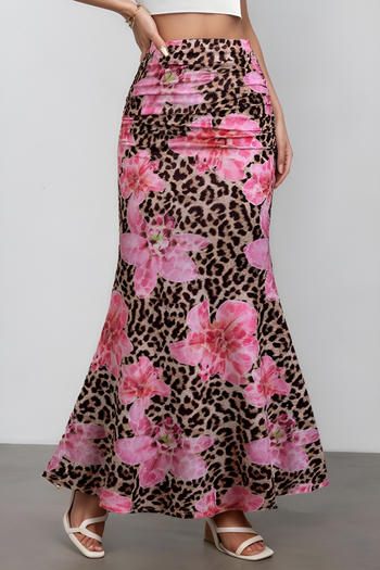 xs-l stylish slight stretch leopard and flower print all-match maxi skirt