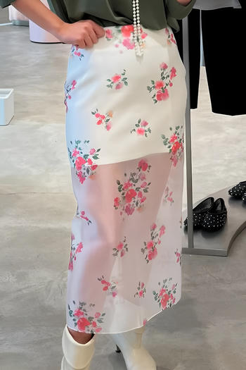 stylish non-stretch see through mesh floral stitching all-match midi skirt