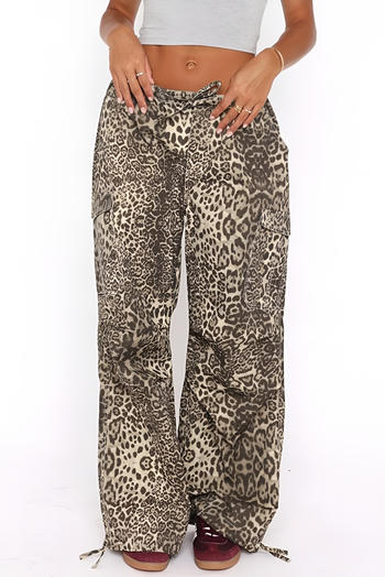 casual plus size non-stretch leopard print multi-pocket straight cargo pants