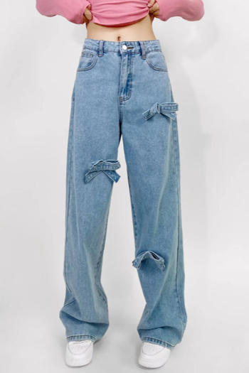 casual non-stretch denim high-waist bow decor jeans(size run small)
