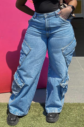stylish plus size non-stretch solid color multi-pocket all-match jeans