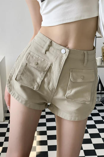 casual slight stretch solid color high-waist pocket shorts(size run small)