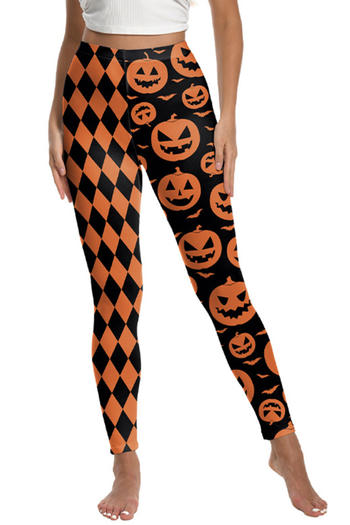 sexy slight stretch halloween contrast color pumpkin printing leggings