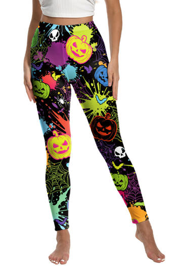 sexy halloween slight stretch multicolor pumpkin printing leggings