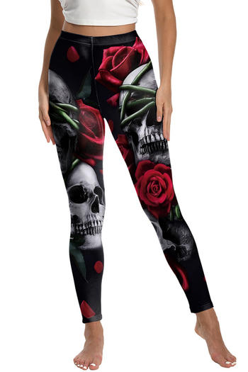 sexy halloween slight stretch skeleton rose printing leggings