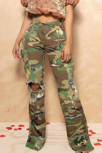 casual plus size non-stretch camo print multi-pocket hole cargo pants