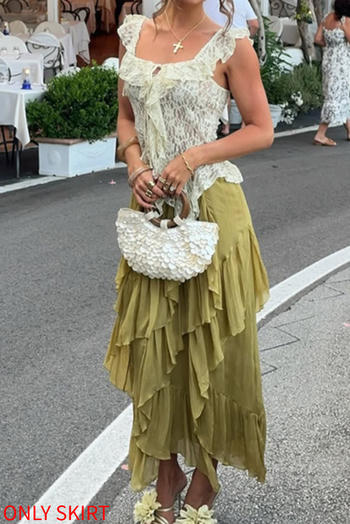 casual non-stretch solid color high-waist ruffle maxi skirt