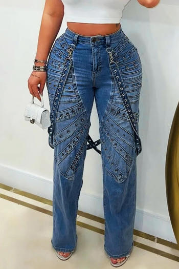 stylish plus size slight stretch metal rivets decor high waist straight jeans