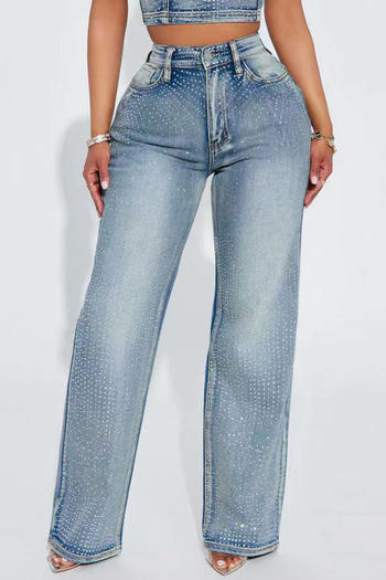 stylish plus size slight stretch rhinestones decor high waist straight jeans