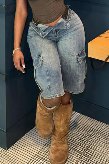 casual plus size slight stretch multi-pocket straight cargo denim shorts