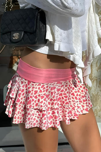casual stretch low waist heart print mini skirt with anti-exposure lining