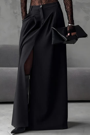 stylish office lady slight stretch pure color split maxi skirt
