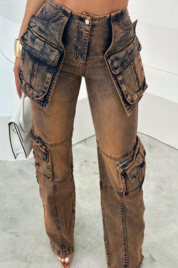 stylish slight stretch high waist all-match cargo jeans