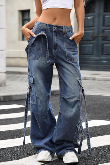casual plus size non-stretch mid waist multi-pocket cargo wide-leg jeans
