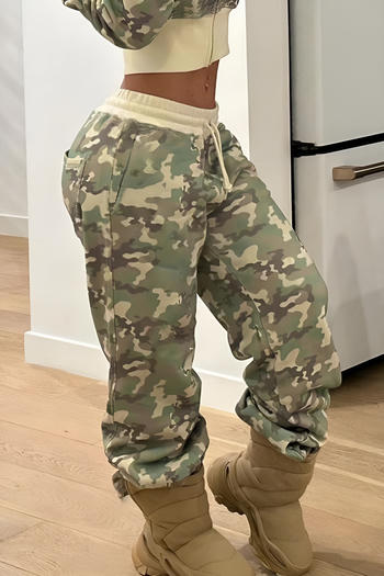 casual slight stretch camo print straight-leg pants