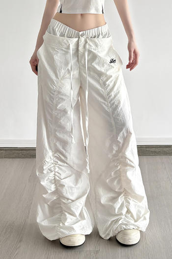 casual non-stretch solid color pleated fake two-piece low-waist pants